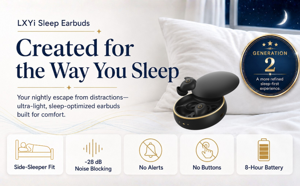 LXYi Sleep Earbuds - Ultra-Thin Headphones for Side Sleepers - 8-Hour Battery (24h w/Case) No Buttons, No Lights, No Alerts